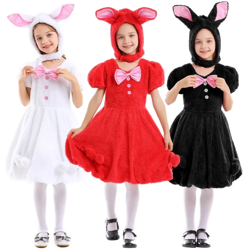 RT01 Umorden Easter Rabbit Bunny Costume for Girls Child Tween & Teens 12-14Y White Black Red Short Sleeve Dress Hat 2pcs/se&Gf1