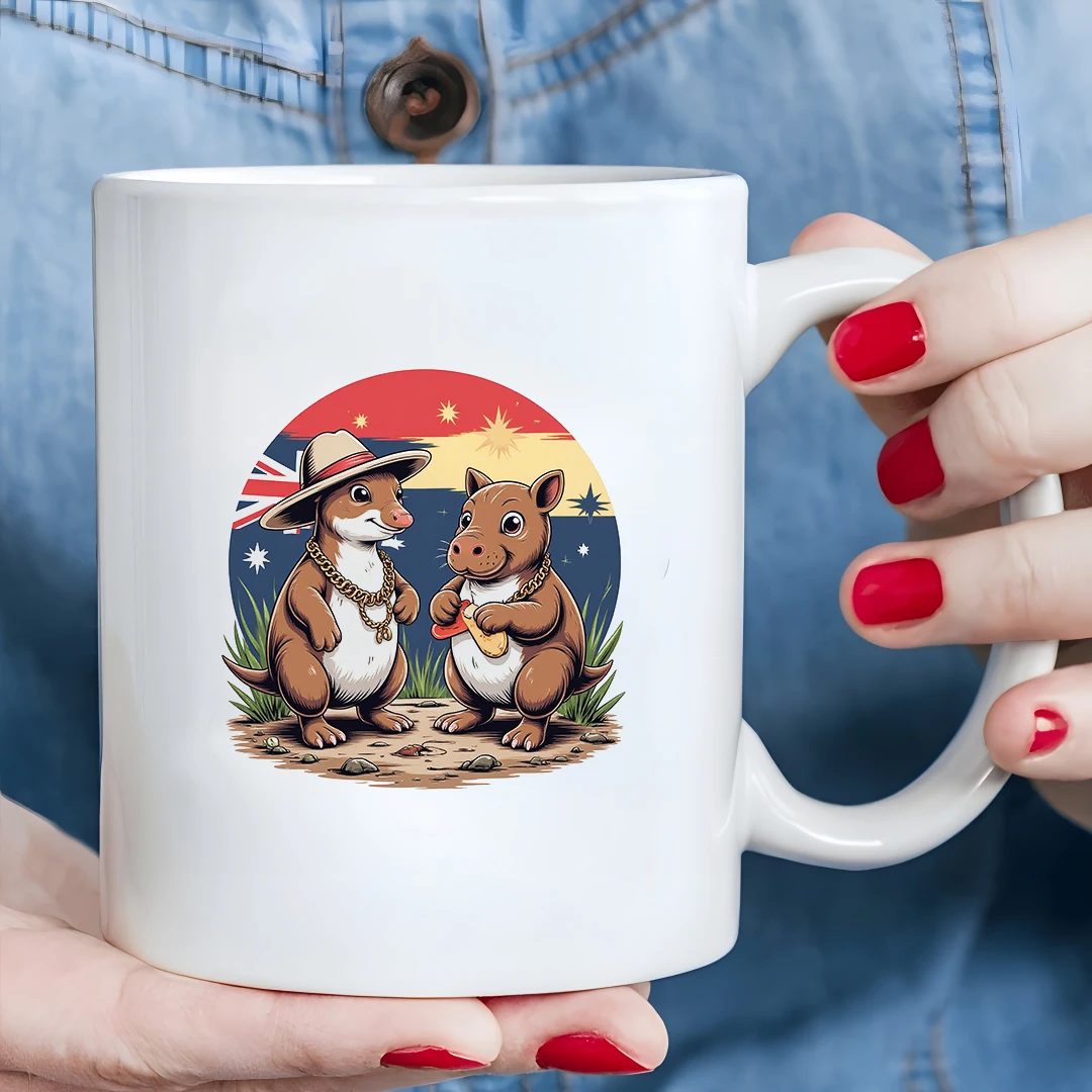 

11oz cartoon bear mug with brown and white interlocking beanie and gold chain Christmas family office cup