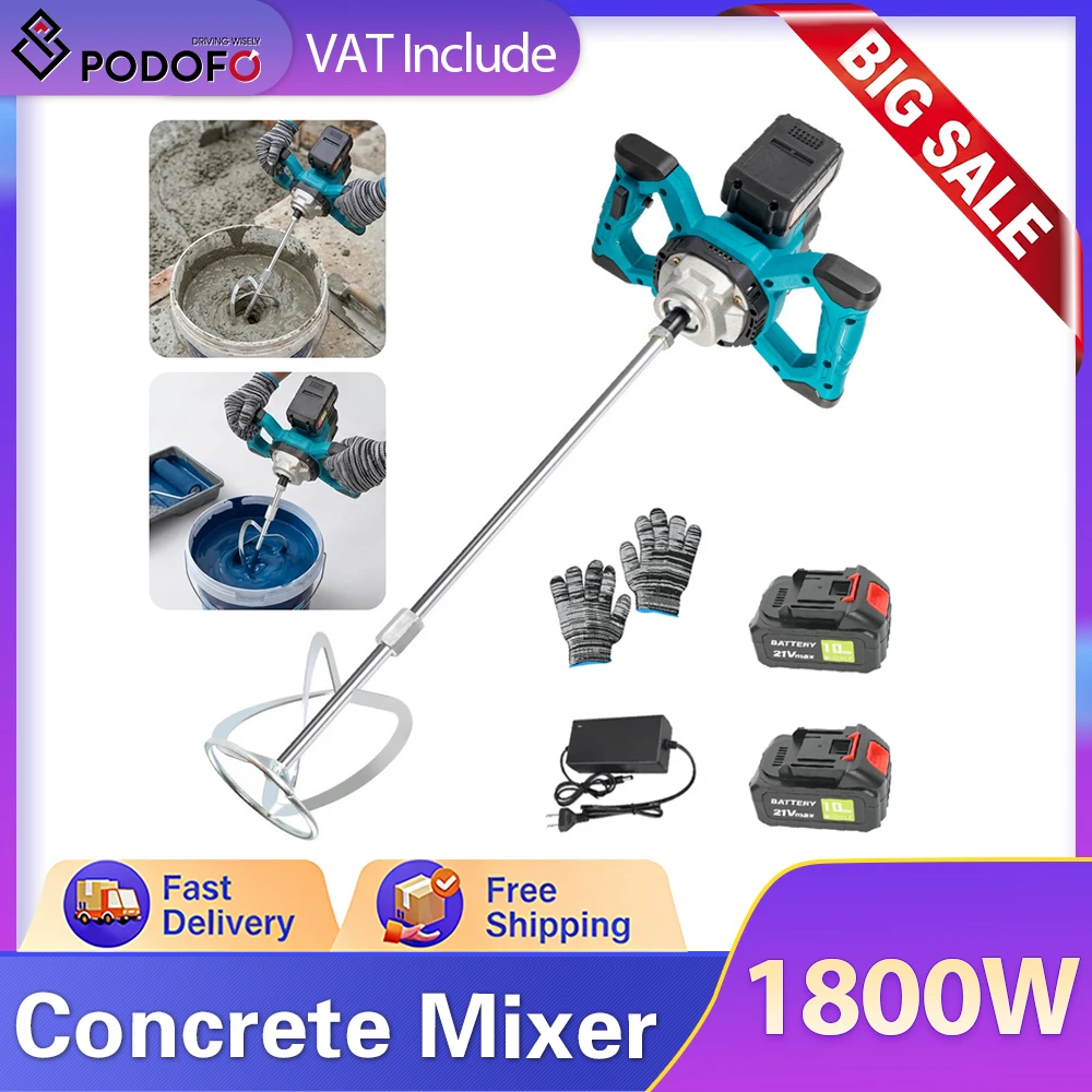 Mezcladora de concreto eléctrica sin escobillas Podofo de 1800W y 6 velocidades, mezcladora de cemento, mortero, yeso y pintura con 2 baterías