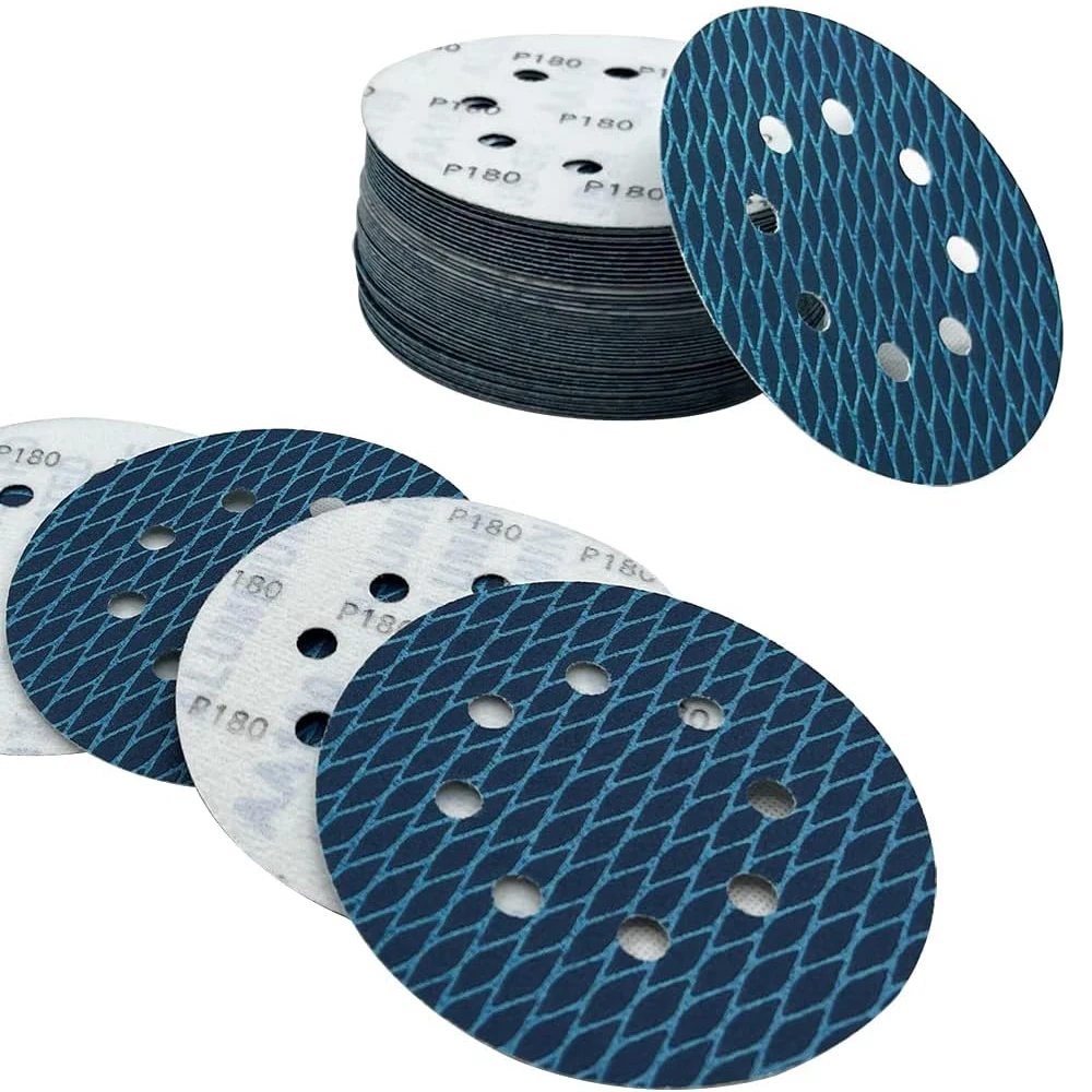 100PC Orbital Sander Blue Dry Wet Velvet Sandpaper 5 Inch 8 Hole Sanding Disc Sand Paper For Anti Blocking Rhombus Sanding Discs