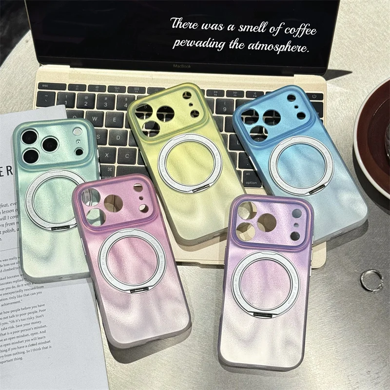 

Fashion Gradient Color Rotation Ring Stand Phone Case For iPhone 17 Pro 16 15 Pro Max Back Cover Shockproof Protective Cute Case