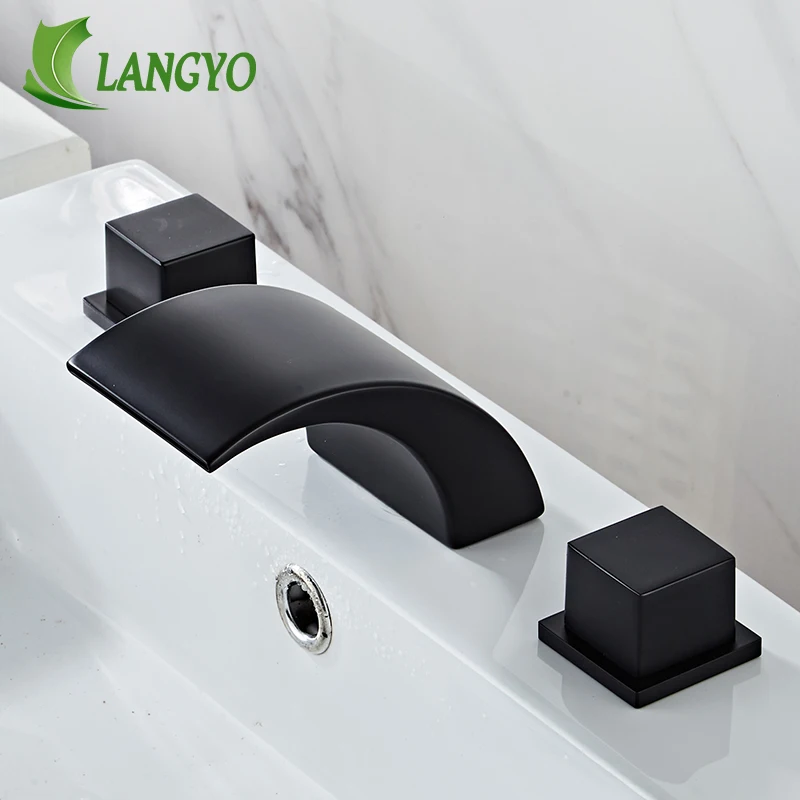 LANGYO Split Type Waterfall Bathtub Fauce Mixer A Full Brass Black Fashion Bathroom Faucet Hot Cold Water Water Tap BR-2019CF06