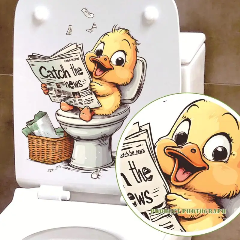 【MA】Funny Yellow Duck Reading Newspaper Toilet Lid Decal Sticker Wallpapers Wall Stickers For Bathroom Decor Self-Adhesive