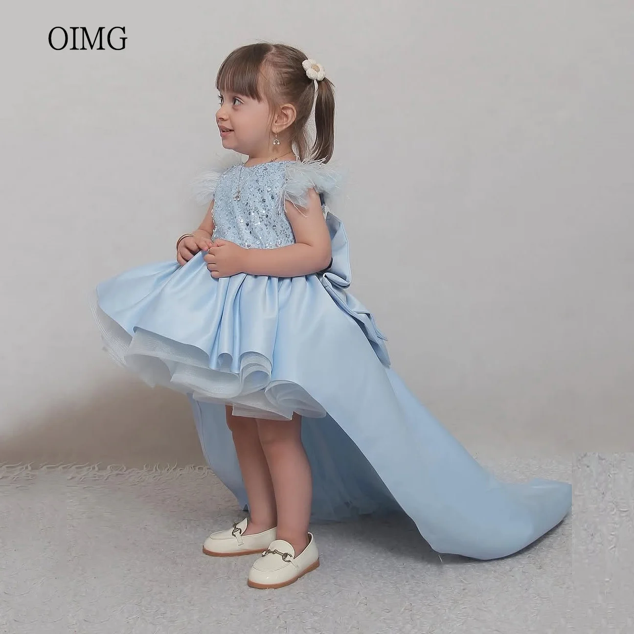 

OIMG Sky Blue Ball Flower Girl Dresses Sequined O Neck Gown Wedding Party Dress Stain Mini With Tail Birthday Dress Customized