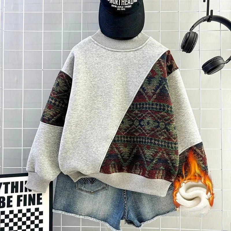 Boys Jacquard Fleece Hoodie Thick Warm Pullover Autumn Winter Kids Casual Sweatshirt Children Base Layer Tops