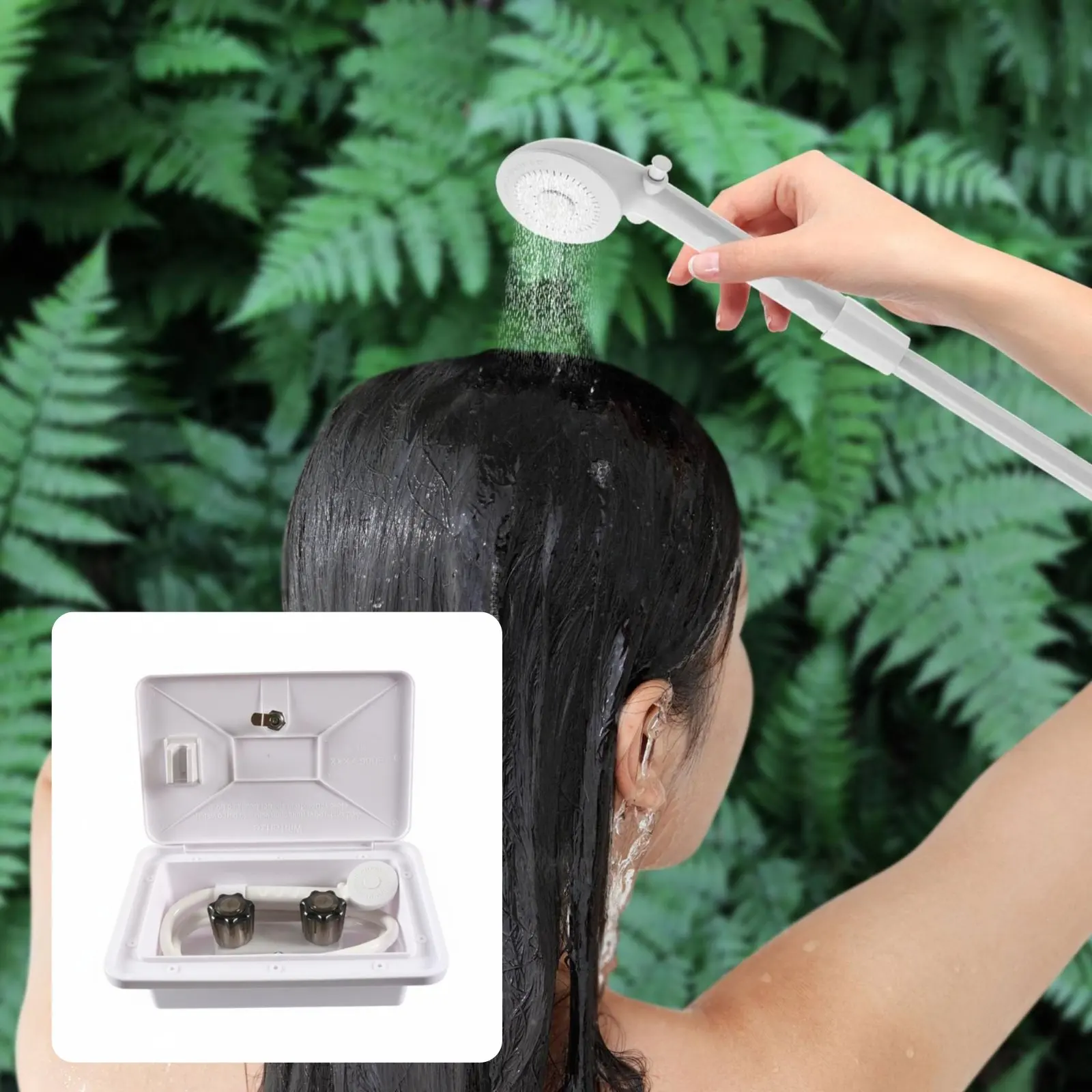 

RV Exterior Shower Box White RV Outdoor Shower Kit Camping Gear Two-knobKnob Control Rotatable Elbow Connector for Campers