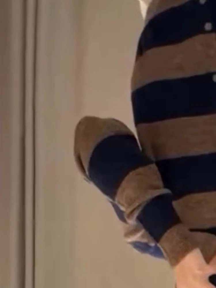 

HH женский модный полосатый вязаный кардиган, пальто, женский уличный повседневный однобортный короткий жакет с длинным рукавом и воротником-поло