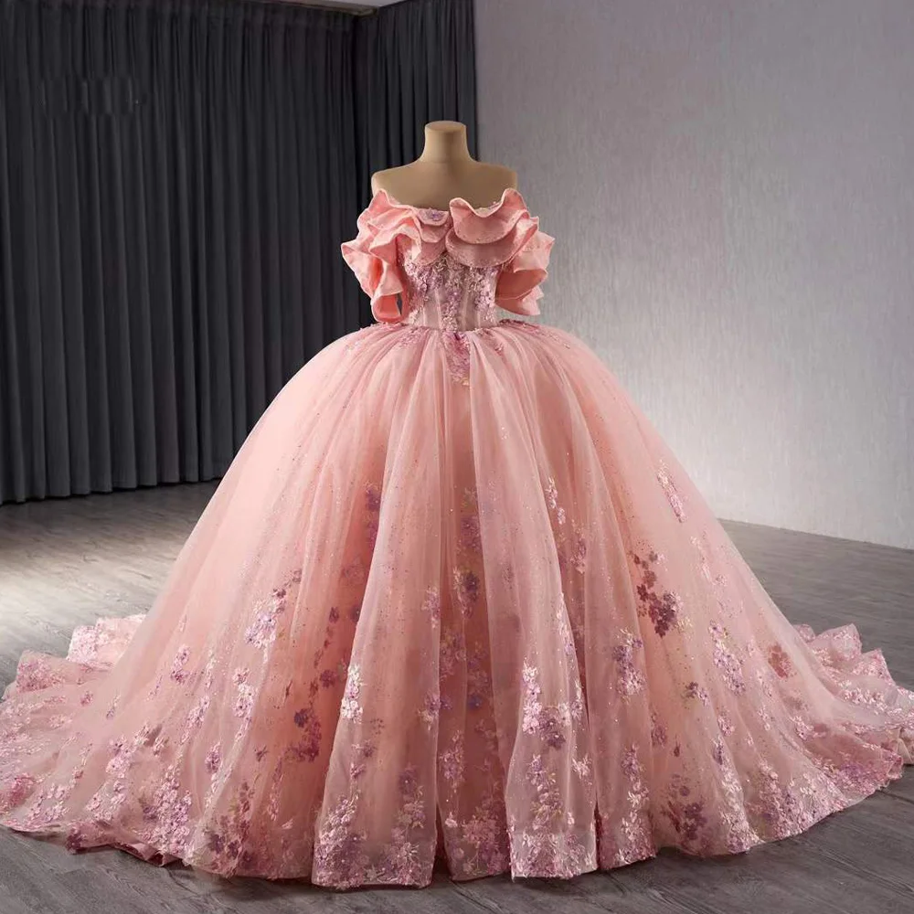 vestidos 15 Quinceañera kanten bloem off-shoulder kanten rug roze baljurk lange formele jurk