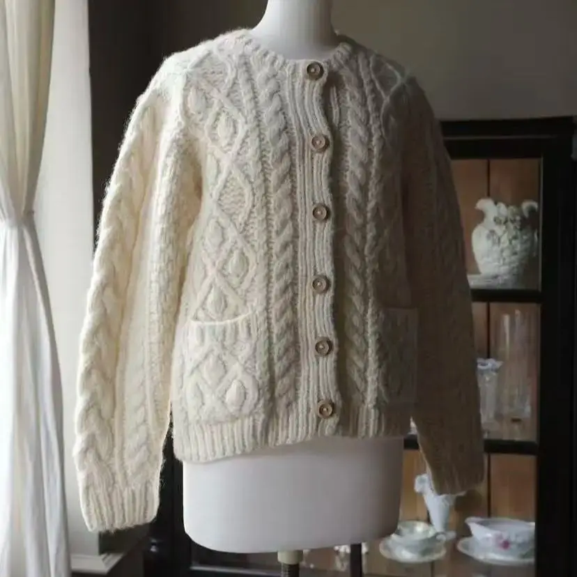 New hand woven comfortable textured pocket with buttons hand woven wool cardigan, designed in a cute and ladylike style with