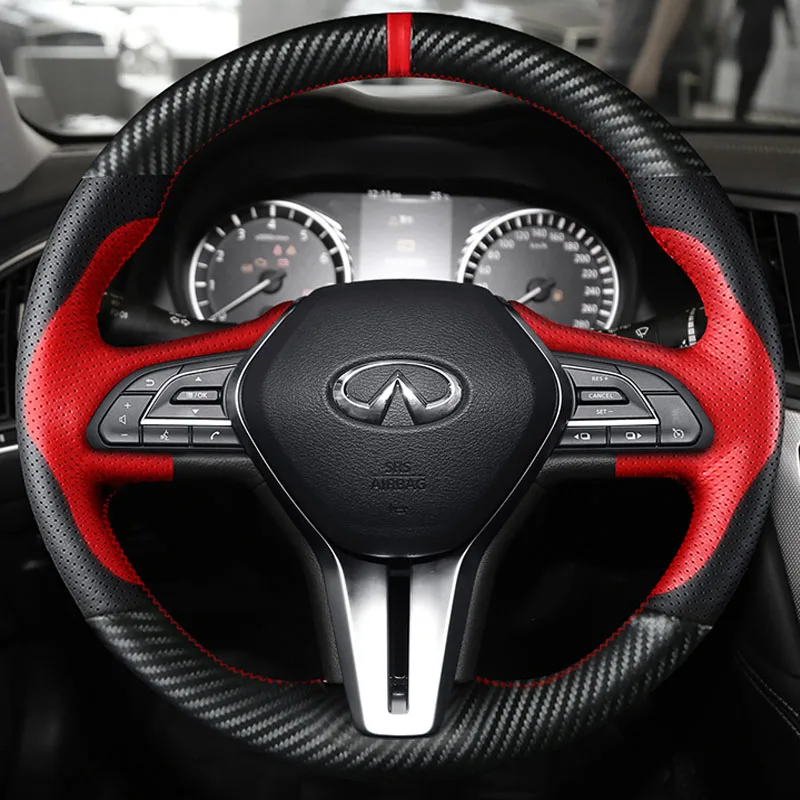 

For Infiniti QX50 Q50 2018-2020 Q60 2016-2020 Sports style carbon fiber Genuine Leather Hand Stitched Car Steering Wheel Cover