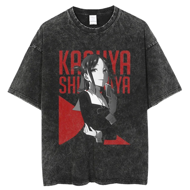 Anime Kaguya Sama Love Is War Graphic T-Shrit Fujiwara Chika Shinomiya Kaguya Vintage Washed Oversized Short Sleeve T Shirt