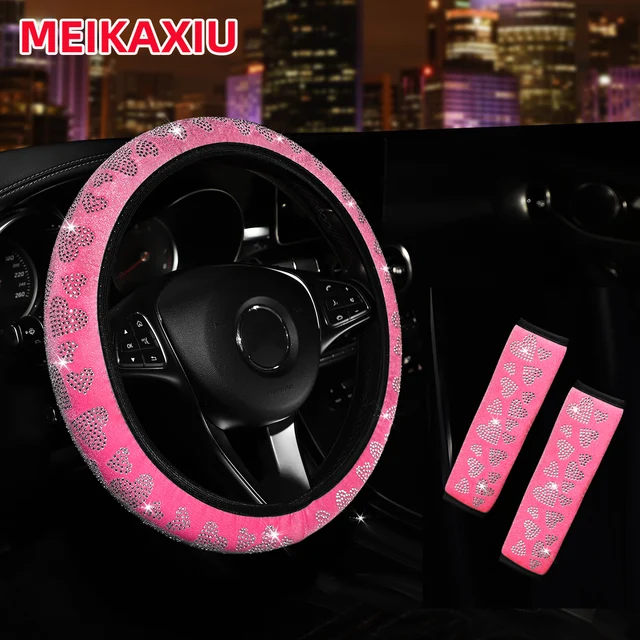 3-częściowy pluszowy, rozciągliwy samochód Love Diamond bez wewnętrznego pierścienia Pokrowiec na kierownicę Pokrowiec na ramię Materiały do ​​wyposażenia wnętrza samochodu