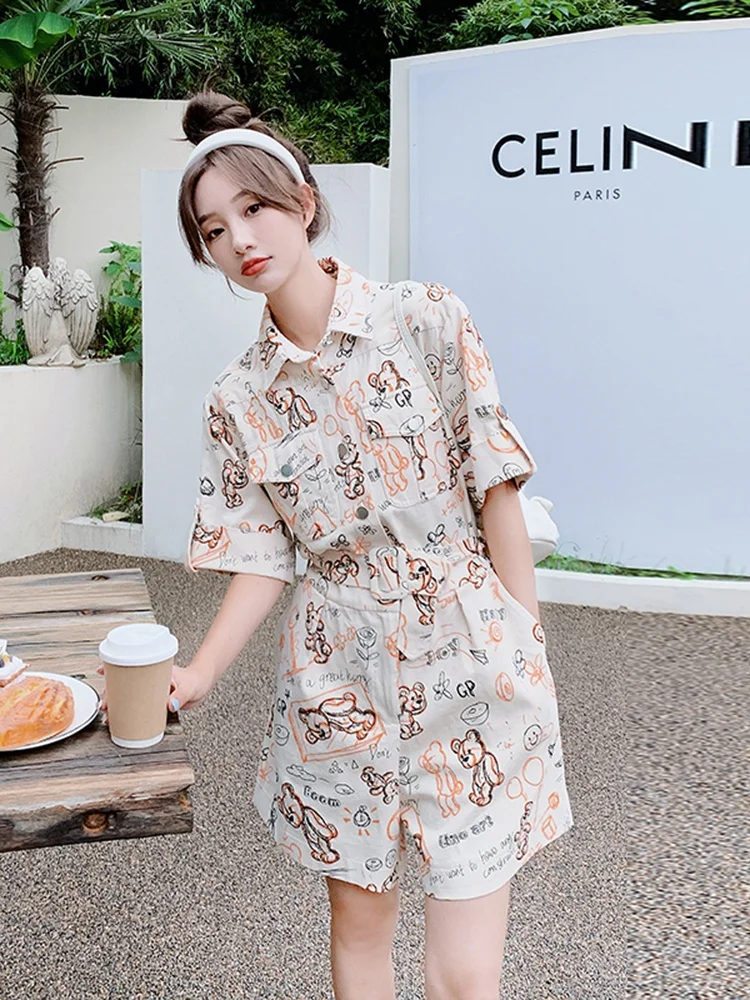 

Bear Print One-Piece Suit Women's Summer Faionable Ele Age-Defng Dr orts High Waist Wide Leg Pants Online Exclusive