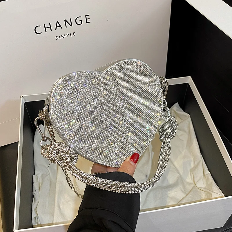 Knoten Griff Strass Abend Clutch Tasche Luxus Designer Kristall Diamanten Handtasche Geldbörse niedlichen Liebe Herz Umhängetasche Mini – Detail 13