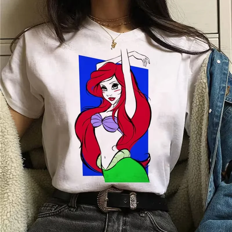 

Футболка с принтом принцессы Диснея Kawaii, женская повседневная уличная футболка с короткими рукавами, летняя женская футболка с круглым вырезом в стиле Харадзюку, топы