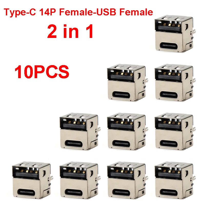 

10PCS Type-C 14P Female Socket Single-Sided Plug USB A Female Socket 180 Degree Vertical Plug PD Fast Charging 2 In 1 ﻿