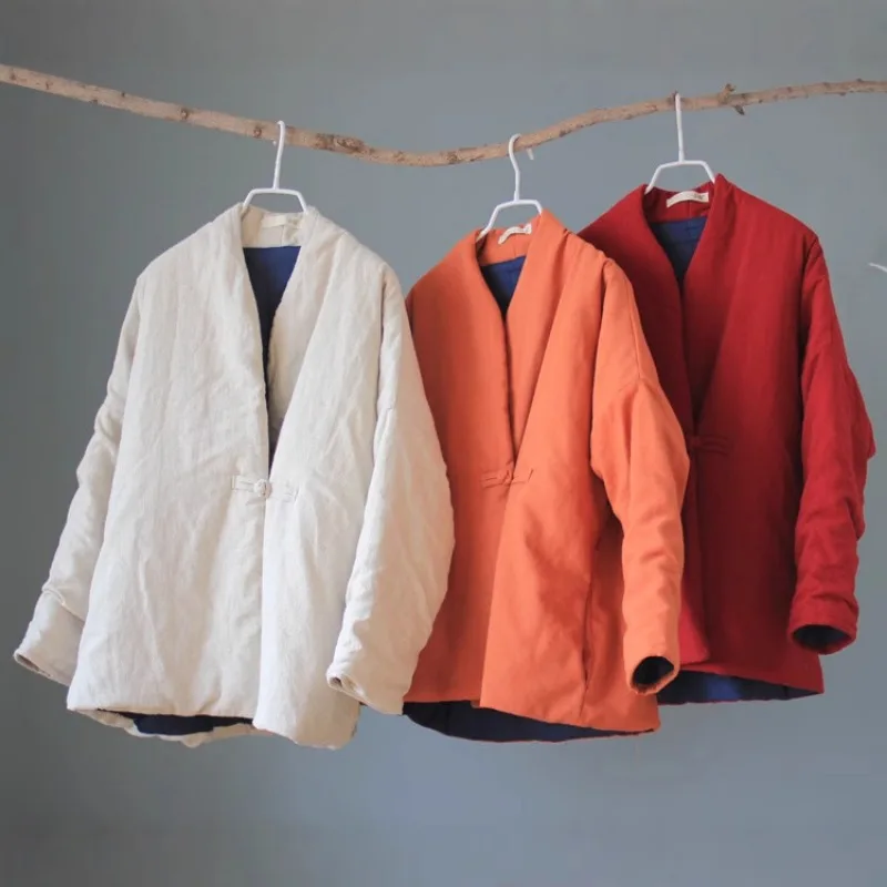 

Retro Harajuku Cotton Coat Women's Autumn Winter Warm Cotton Padded Jacket Ethnic Parkas Button-Up Long Sleeve Top Short Jacket