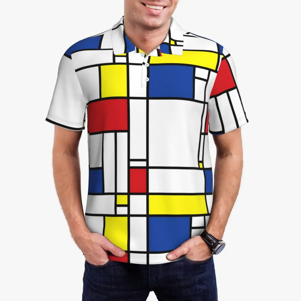 Geometric De Stijl Polo Shirt Mondrian Minimalist Casual Shirt Summer T-Shirts Man Short Sleeve Turn-Down Collar Oversize Top