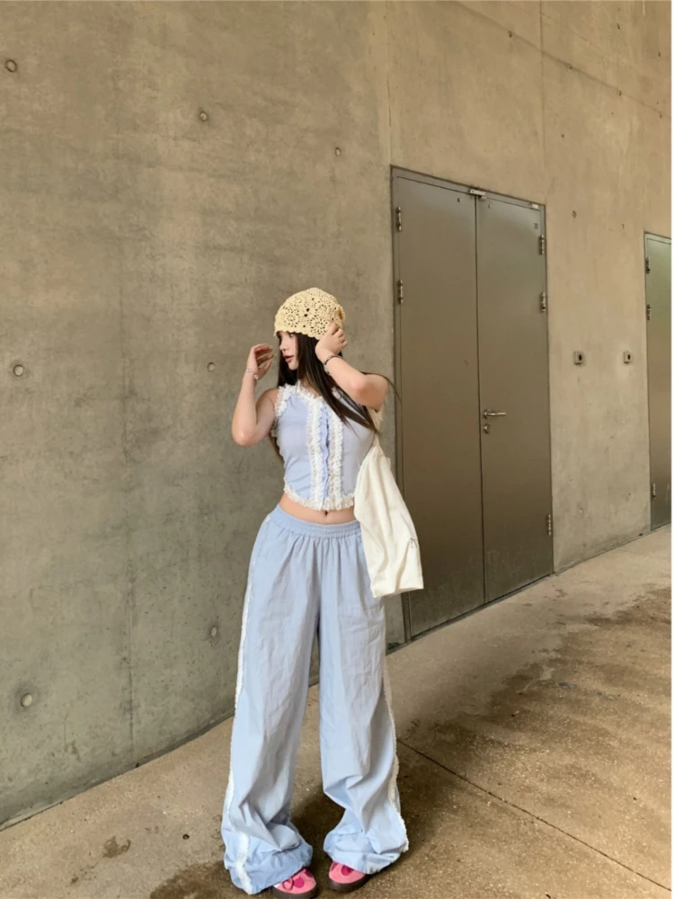 

Lace sleeveless vest top and leisure trousers for women American style loose lace sports Two Piece Sets for women fashion 2025