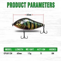 Slow Sinking Jerk Bait Fishing Lure, Pike and Bass, CF LURE, New Hot Tackle Musky Jerk Baits, Quality Hooks, 60mm, 13g