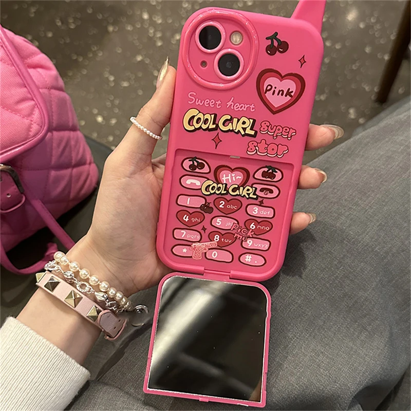 Ins Korean Retro Funny Mobile Phone Y2k Cherry Heart 3D Pink Make Up Mirror Case For iPhone 15 14 13 12 16 Pro Max Bracket Shell