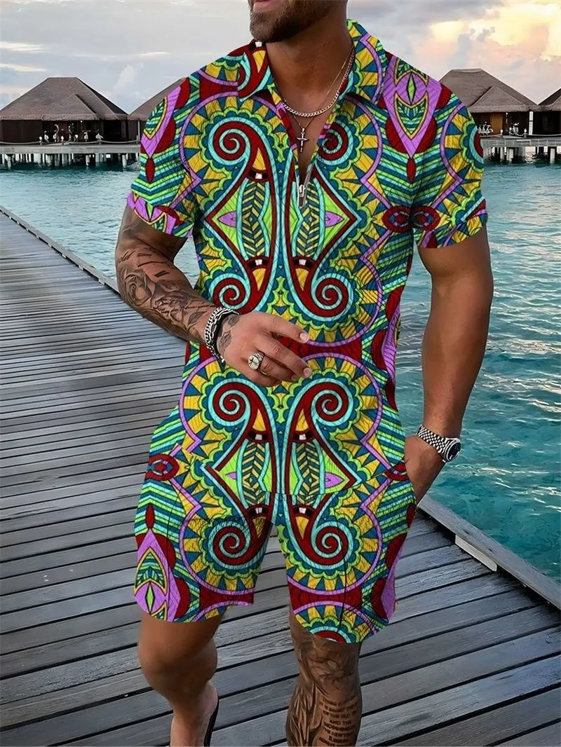 New Men's Tracksuit 2 Piece Set Print 3D Polo Shirt Summer Short Sleeve T Shirt And Short Casual Zipper Collar Man Clothing