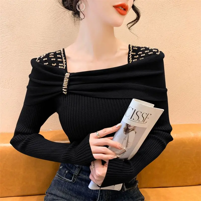 Spring Autumn Solid Color Square Collar Long Sleeve Fashion Sweater Women High Street Casual Slim Embroidered Flares Pullovers