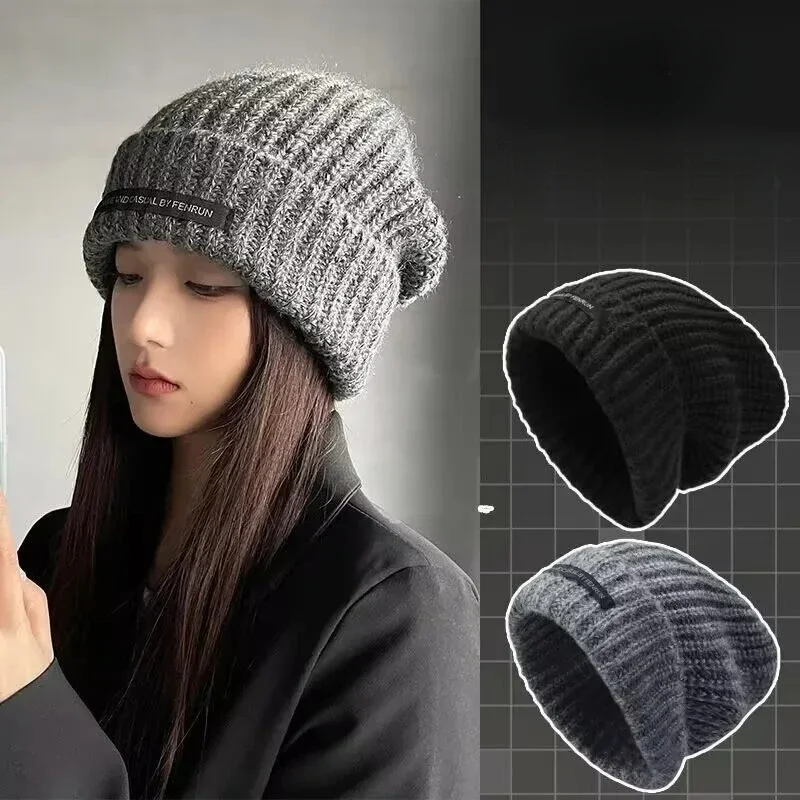 Wniter Wool Knitted Caps Women Men New Korean Style Skullcap Hight Elastic Soft Skullies Beanies Hats Warm Thermal Fluffy Hat