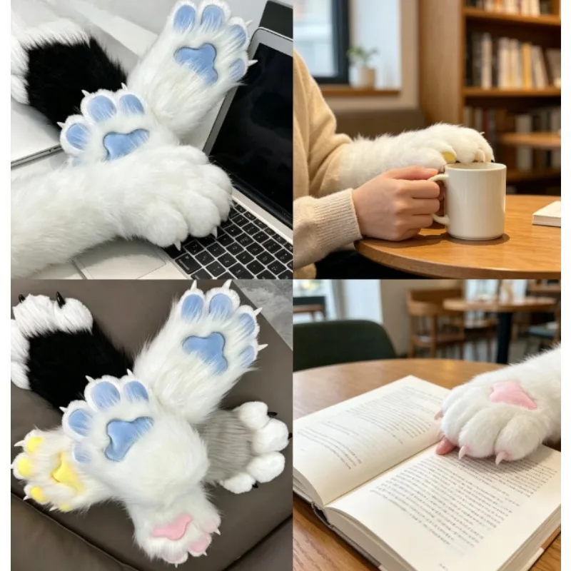 Furry Paw Gloves Squeaky Animal Claws with Nails Soft Plush Cute for Cosplay Fursuit Halloween Party