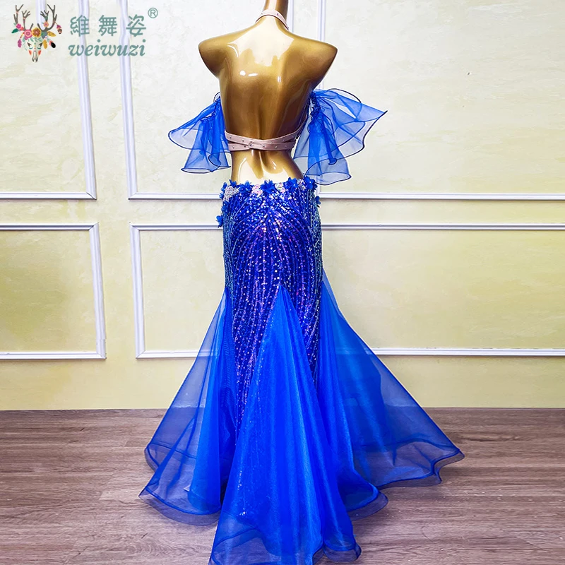 الرقص الشرقي المنافسة زي مشرق الماس الصدرية + حجر الراين سبليت تنورة طويلة 2 قطعة أزياء مسرحية الرقص الشرقي النساء #2