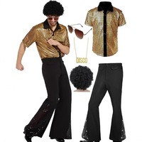 70s Hippie Superstar Costume Pants Shirt Tops Short Sleeve Bell Bottom Men Flared Trouser Adult Disco Singer Dance Shiny Outfit
