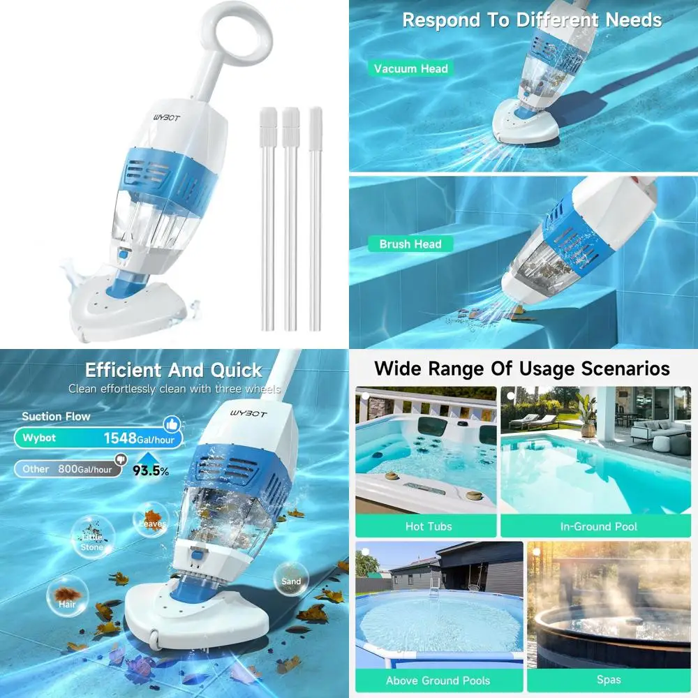 

Handheld Pool Vacuum with Telescopic Pole, Rechargeable, 60-Minute Battery, Mesh Filter for Above and Inground Pools and Spas