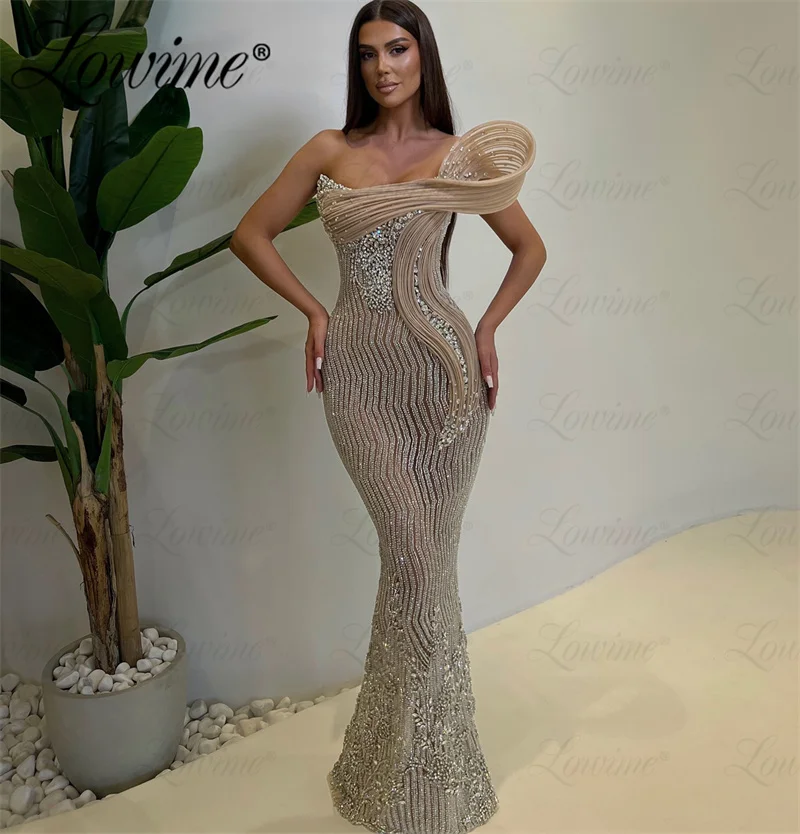 Customized Champagne Evening Dresses Strapless Party Engagement Gowns Aso Ebi Crystals Beaded Mermaid Prom Dress Robe De Soiree