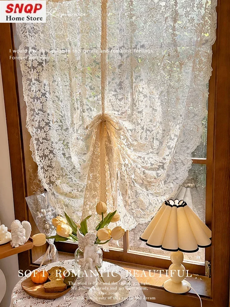 French Pastoral Lace European Embroidery Tulle Short Curtains for Living Room Bedroom Dining Balloon Partition Door Kitchen