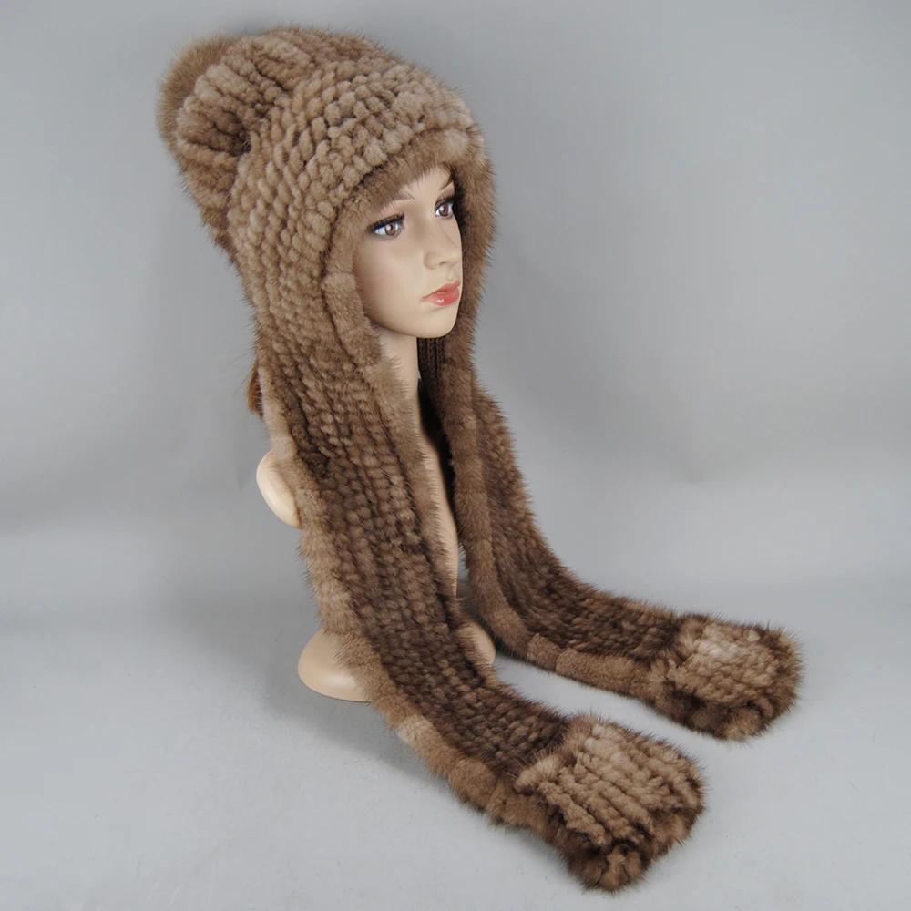 Winter Women Outdoor Warm Real Mink Fur Cap scarf Knitted Natural Mink Fur Hat Scarves Lady Quality 100% Genuine Fur Hat Muffler