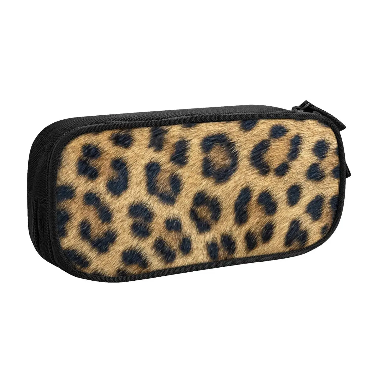 Custom Cute Fluffy Leopard Skin Leather Texture Pencil Case for Tropical Wild Animal Large Capacity Pen Box Bag Stationery