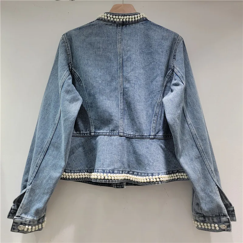 2025 Autumn New Heavy Industry Beaded Long-sleeved Denim Jacket Women's Loose Fashion Blue Versatile Short Turn-down Collar Top