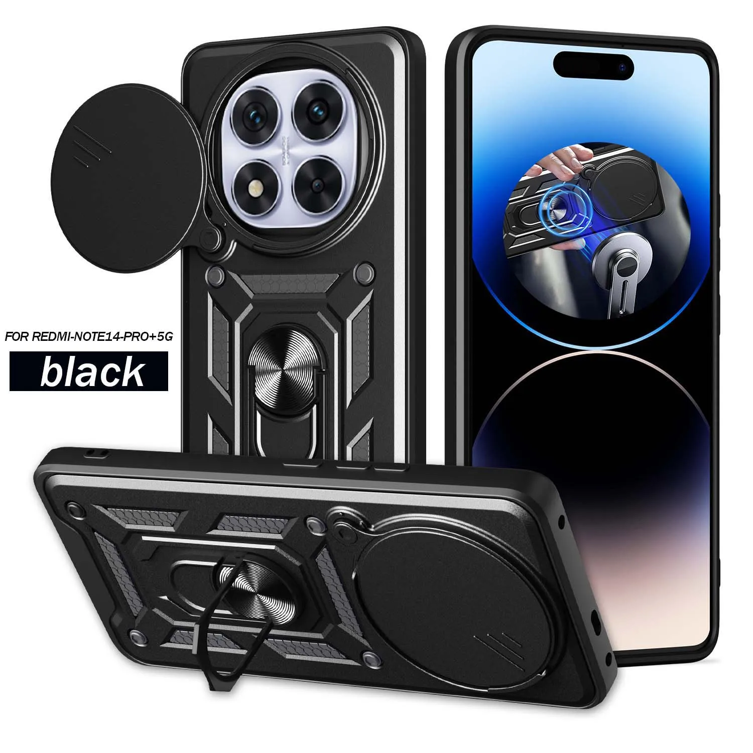 Redmi Note 14 13 Pro Plus 14 13 Pro 4G 5G 14s用アーマーリングホルダー付きスマホケース、背面カメラ保護カバー付き