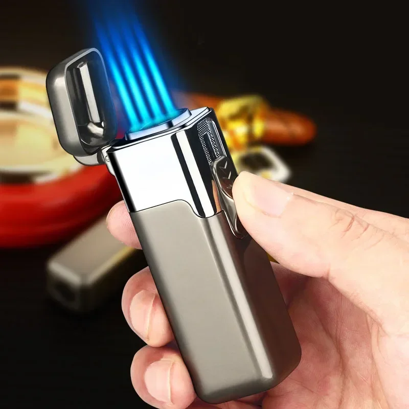 

Metal Latest Creative Refillable Fireplace Gas 4 Jet Flame Cigar Torch Butane Fire Lighter Outdoor Windproof Cigar Lighters