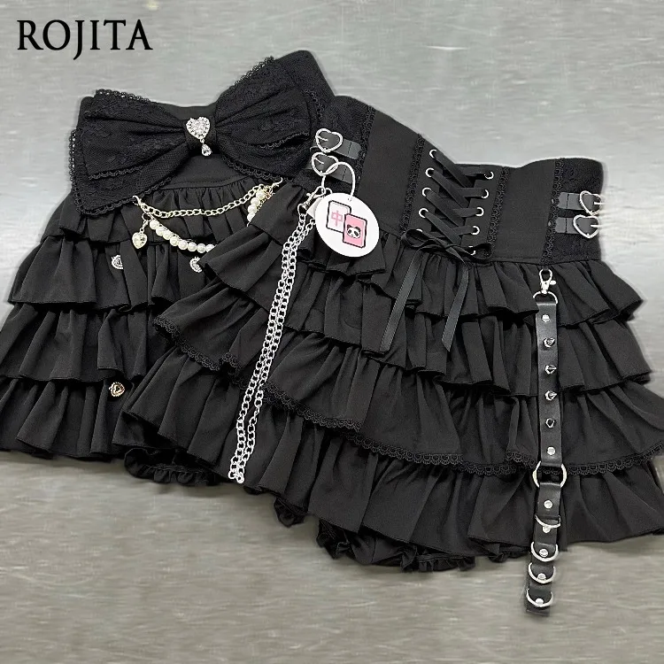 Lolita Style Tiered Ruffle Skirt Mass-produced Japanese Style High-waisted Waist Puffy Skirt with Built-in Safety Shorts