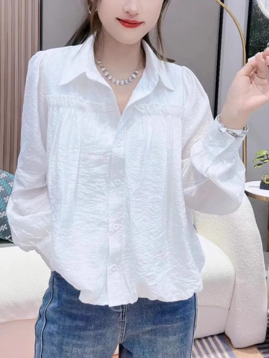

Loose Fit Casual White Shirt Women's Korean Style Fashion Wood Grain Autumn New Arrival Slimming Versatile Button up