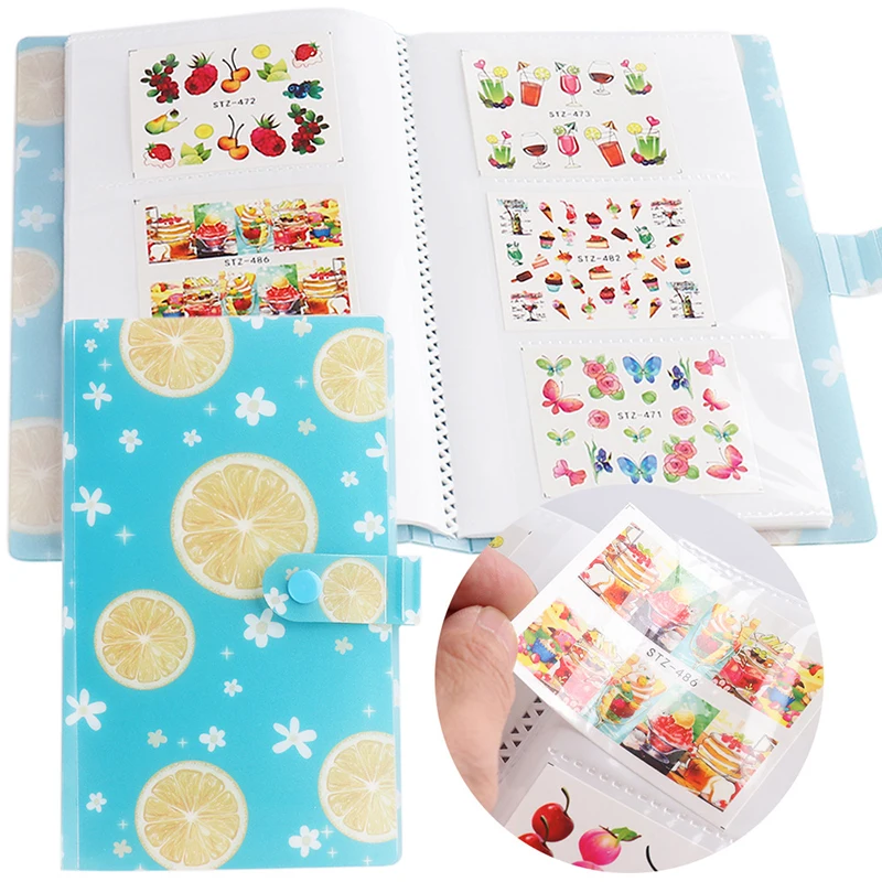 Libro de almacenamiento de pegatinas para uñas con 120 ranuras, transparente/flores/cubierta de frutas, álbum de almacenamiento de calcomanías para uñas para pegatinas pequeñas