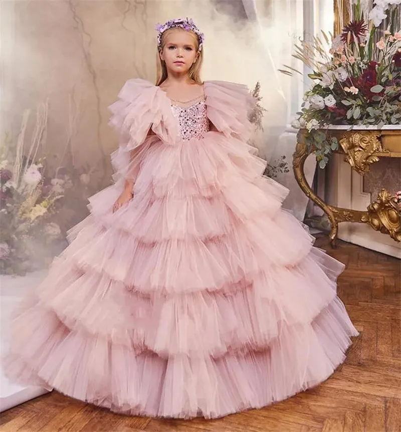 

Princess Ball Gown Pink Tulle Flower Girl Dresses Wedding Beaded Ruffles Girls Pageant Dress Kids First Communion Dress Custom