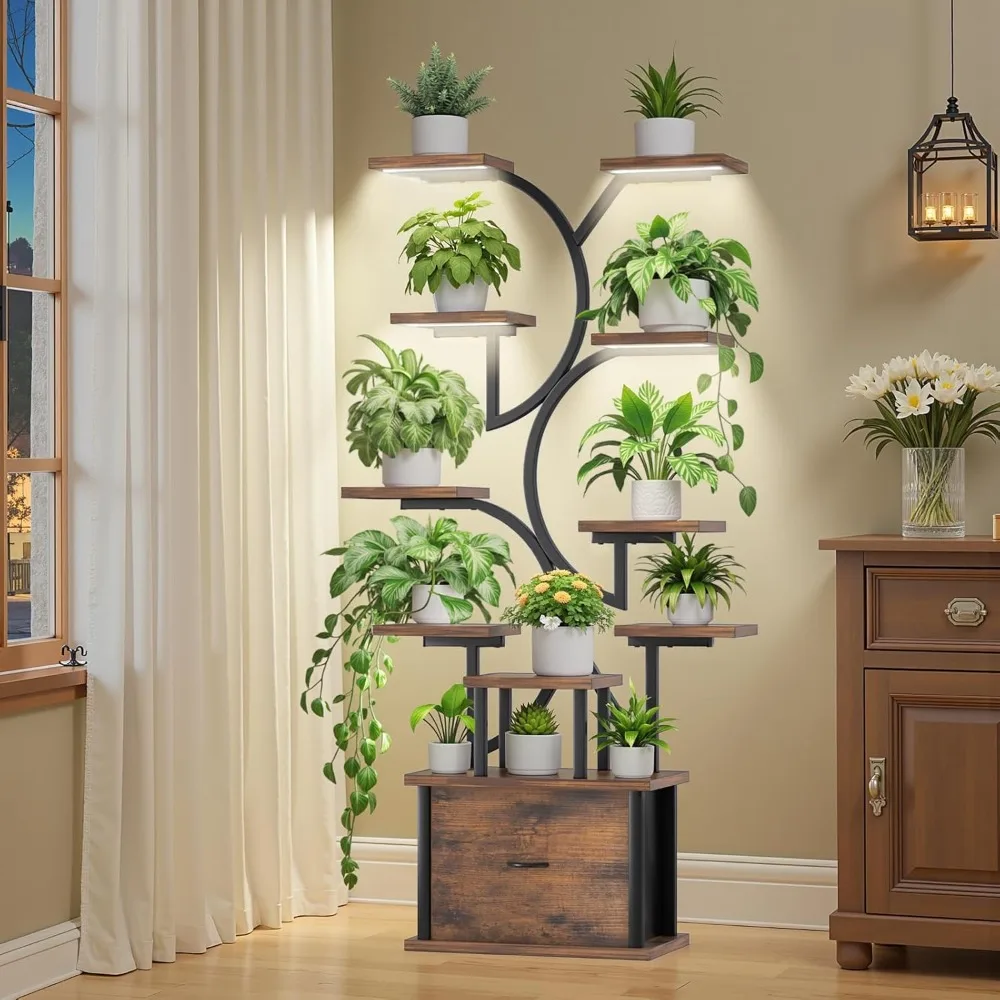 Plant Stand Indoor with Grow Lights, 11 Tiered Indoor Plant Shelf with Drawer, 65 Tall Indoor Plant Stand for Multiple Plants,