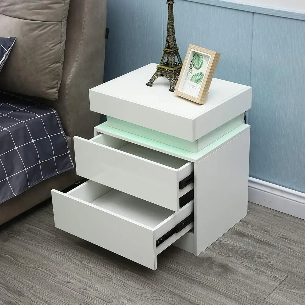 Modern Bedside Table High Gloss 2 Drawers Cabinet Nightstand Bedside Cupboard LED Light Bedside End Table Bedroom Furniture