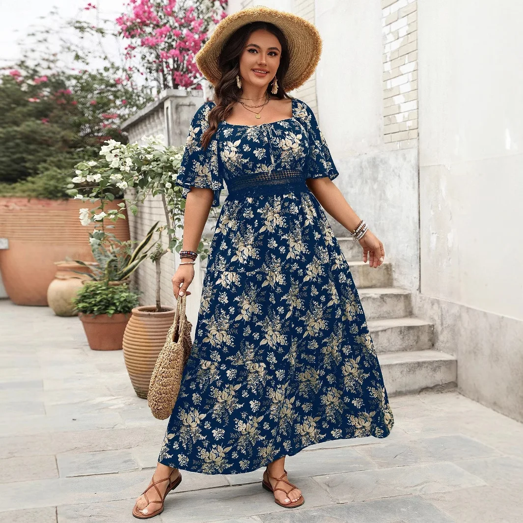 

Plus Size Floral Print Casual Dress Female Wide Elegant Clothing Luxury Dinner Evening Midi Robe 2025 Summer Women Party Dress