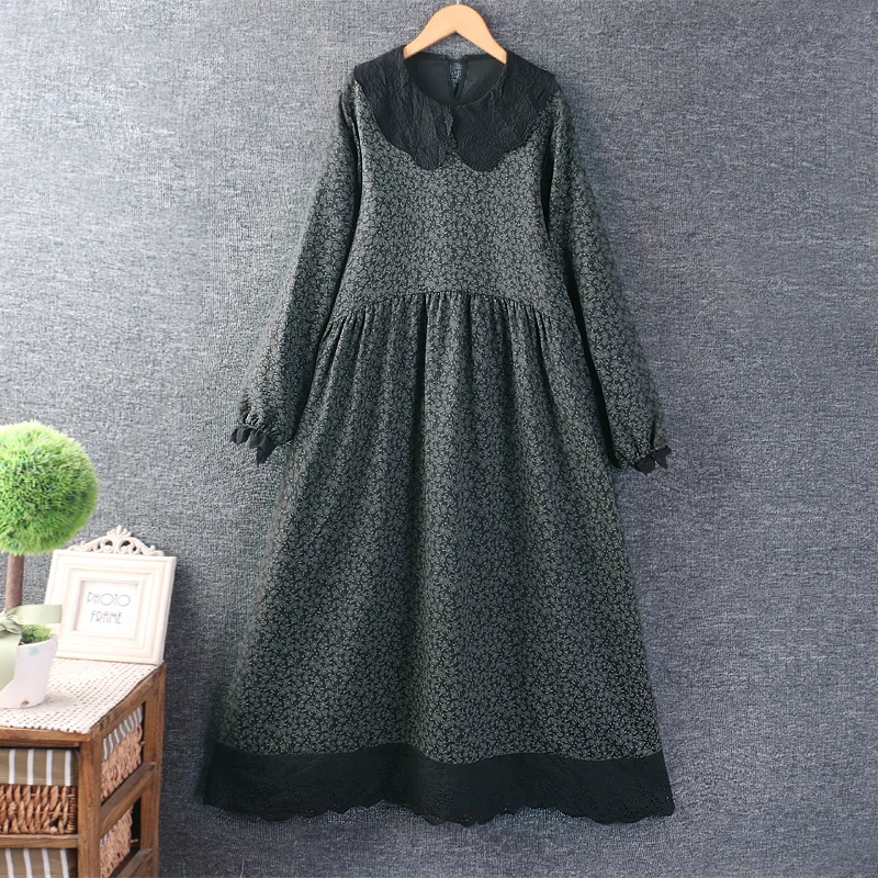 Autumn Women's Japanese Mori Girl Vintage Floral Print Dress Peter Pan Collar Long Sleeve Casual Loose Cotton Linen Midi Dresses