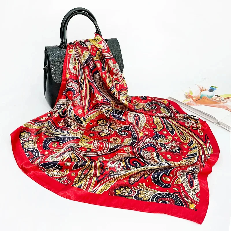 Luxury Silk Scarf for Women Paisley Satin Hijab Scarves Muslim Pareo Bandana Female Shawl Wrap Headband Foulard Beach Pareo view 5