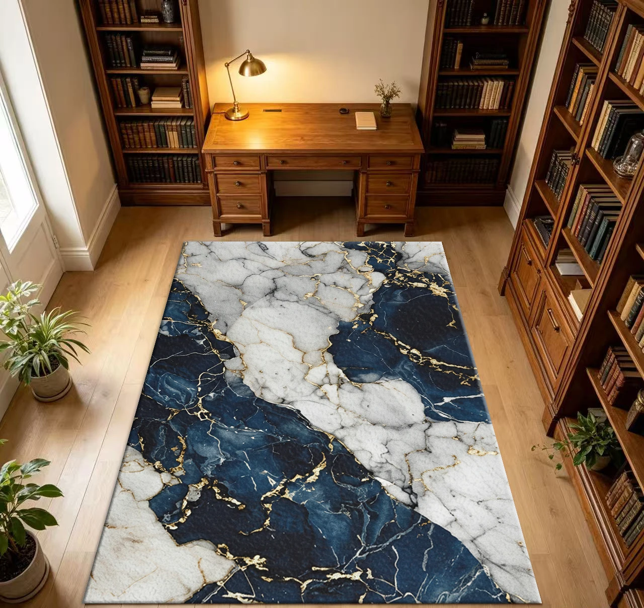 Navy Blue White Marble Gold Vein Area Rug, Modern Abstract Art Floor Carpet for Living Room Bedroom Home Decor