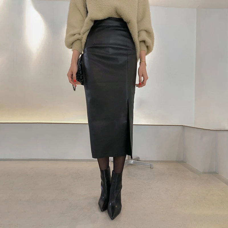 

Кожаная юбка из овчины с высокой талией, облегающая, сексуальная, с разрезом, длинная, А-силуэта, для молодых женщин в возрасте около двадцати лет